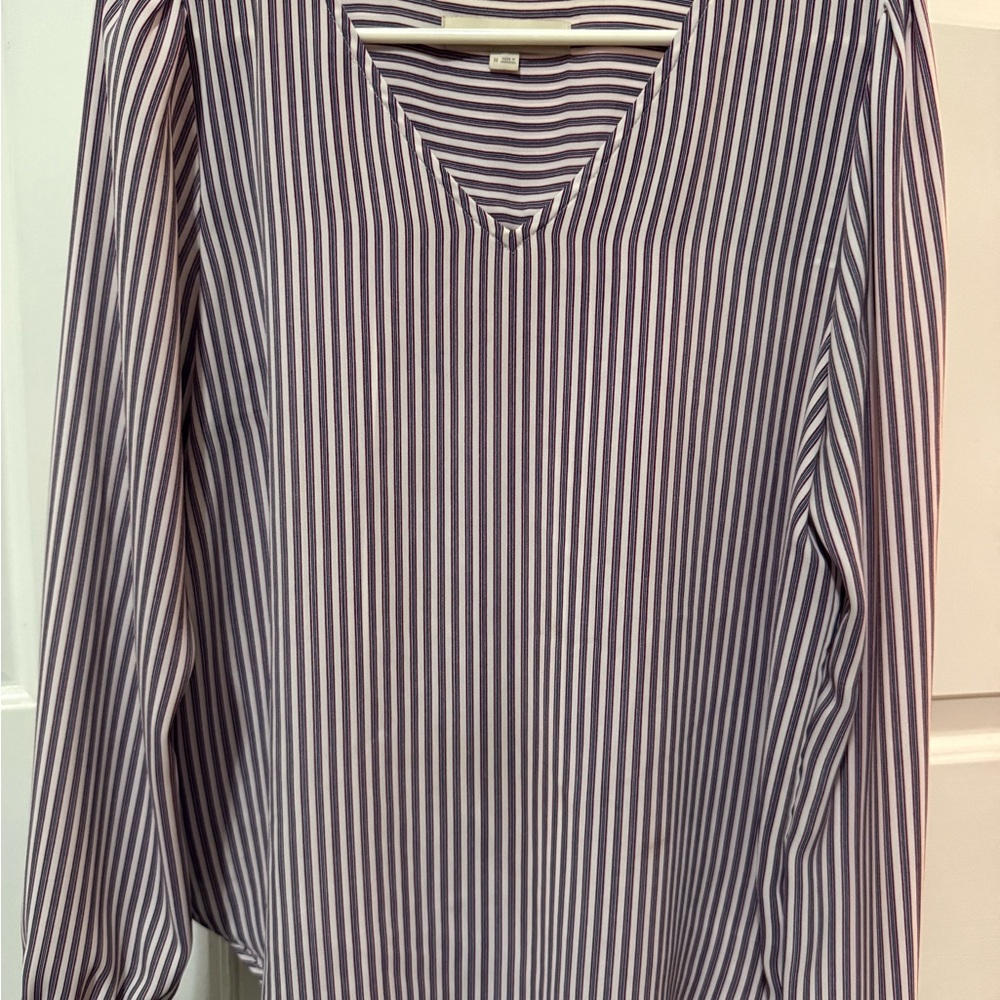 Loft Striped V-Neck Long Sleeve Top - Blue Maroon White